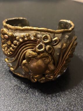Vintage Mixed Metal Two-Tone Floral Cuff Bracelet Signed Textured Pitted Cuff